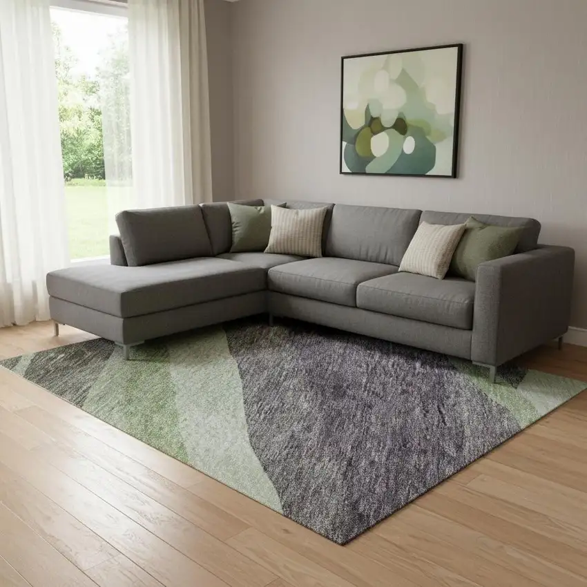 Purple Green And Ivory Abstract Washable Area Rug With UV Protection Photo 2