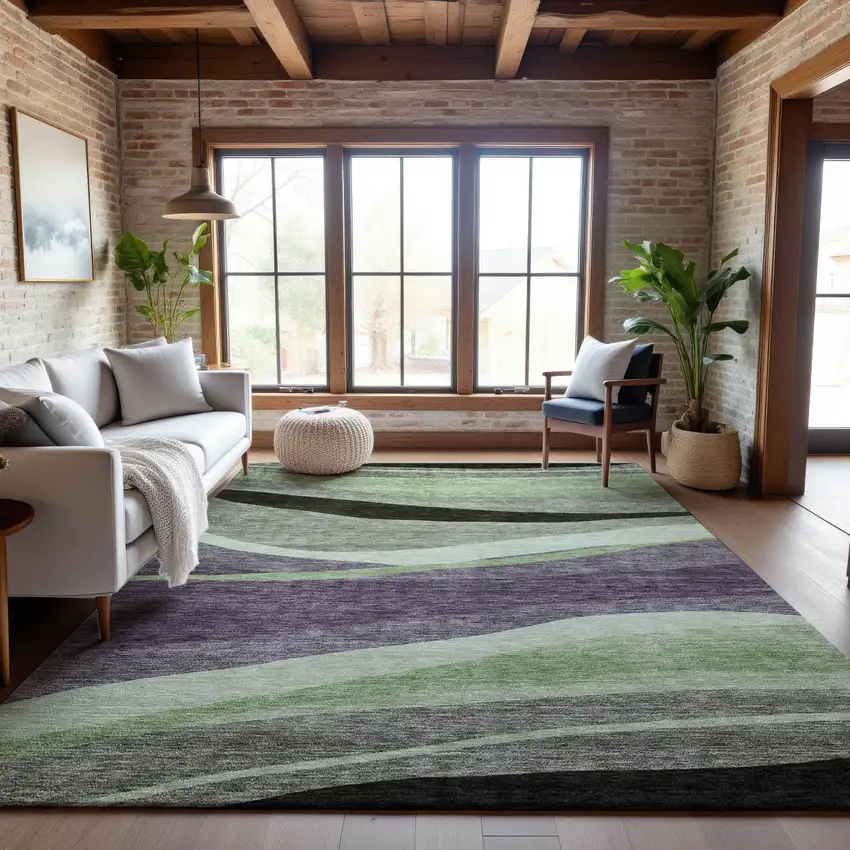 Purple Green And Ivory Abstract Washable Area Rug With UV Protection Photo 3