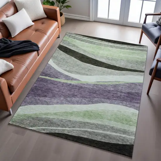 Purple Green And Ivory Abstract Washable Area Rug With UV Protection Photo 5