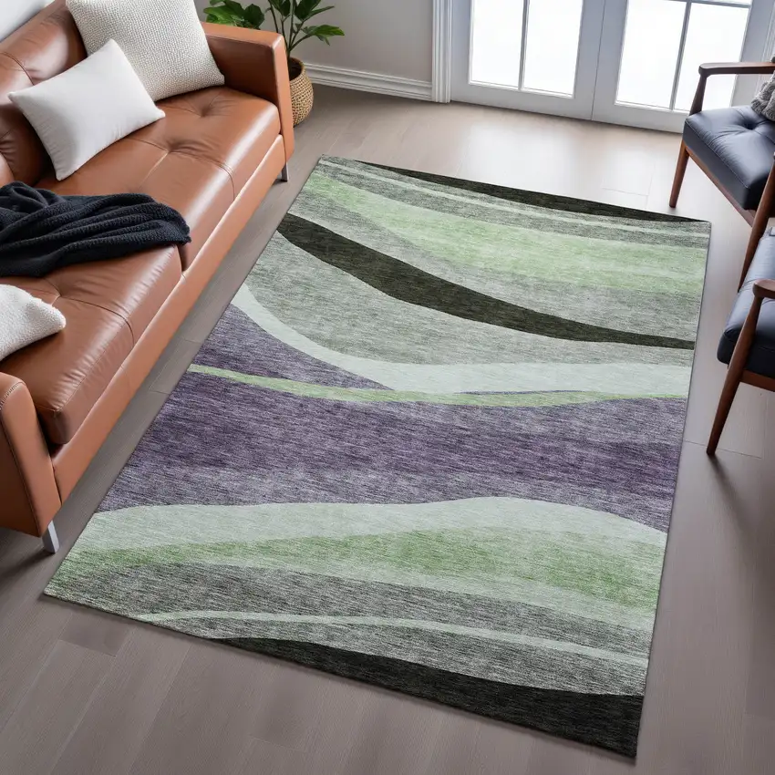 Purple Green And Ivory Abstract Washable Area Rug With UV Protection Photo 5