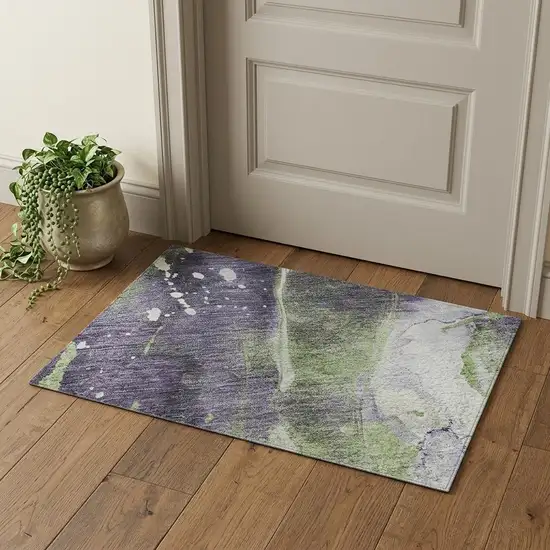 Purple Green And Ivory Abstract Washable Area Rug With UV Protection Photo 1