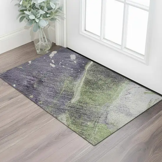 Purple Green And Ivory Abstract Washable Area Rug With UV Protection Photo 2