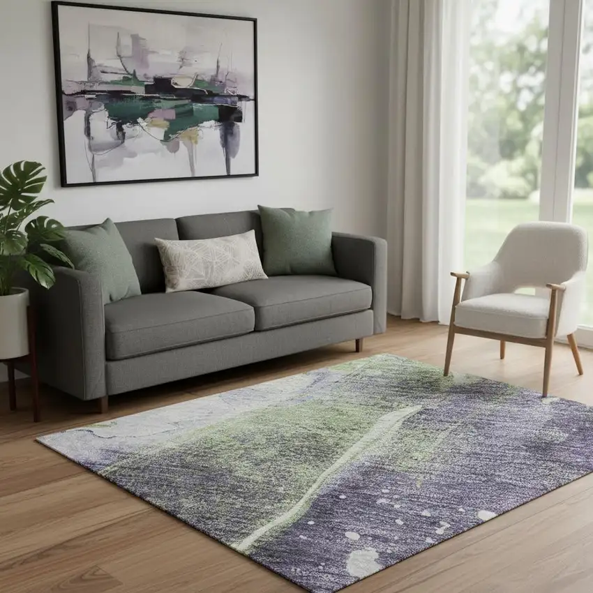 Purple Green And Ivory Abstract Washable Area Rug With UV Protection Photo 2
