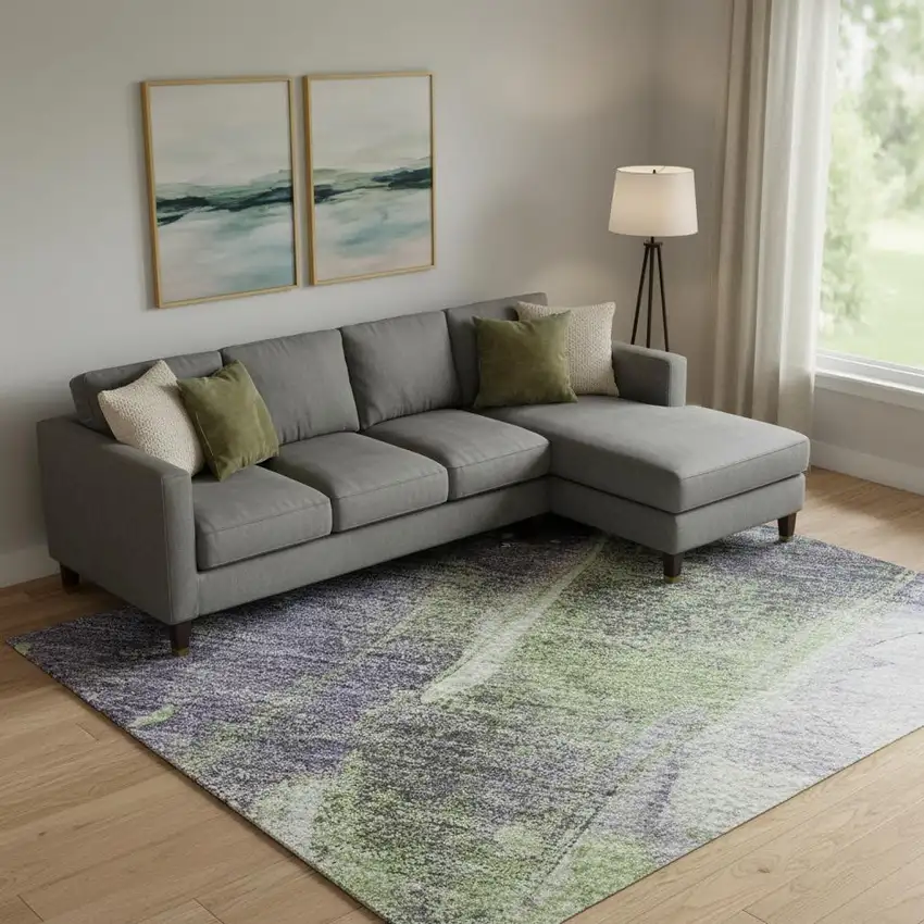 Purple Green And Ivory Abstract Washable Area Rug With UV Protection Photo 2