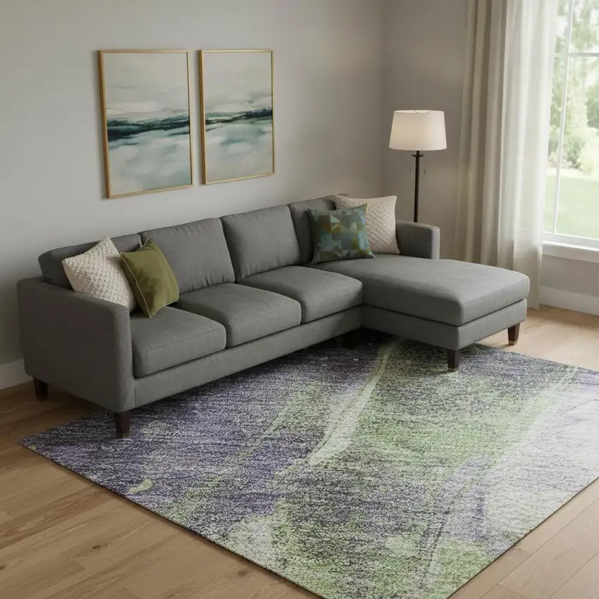 Purple Green And Ivory Abstract Washable Area Rug With UV Protection Photo 2