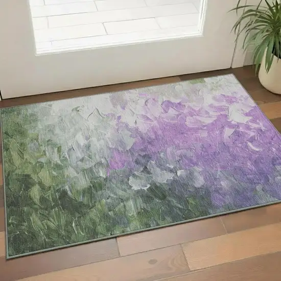 Purple Green And Ivory Abstract Washable Area Rug With UV Protection Photo 2