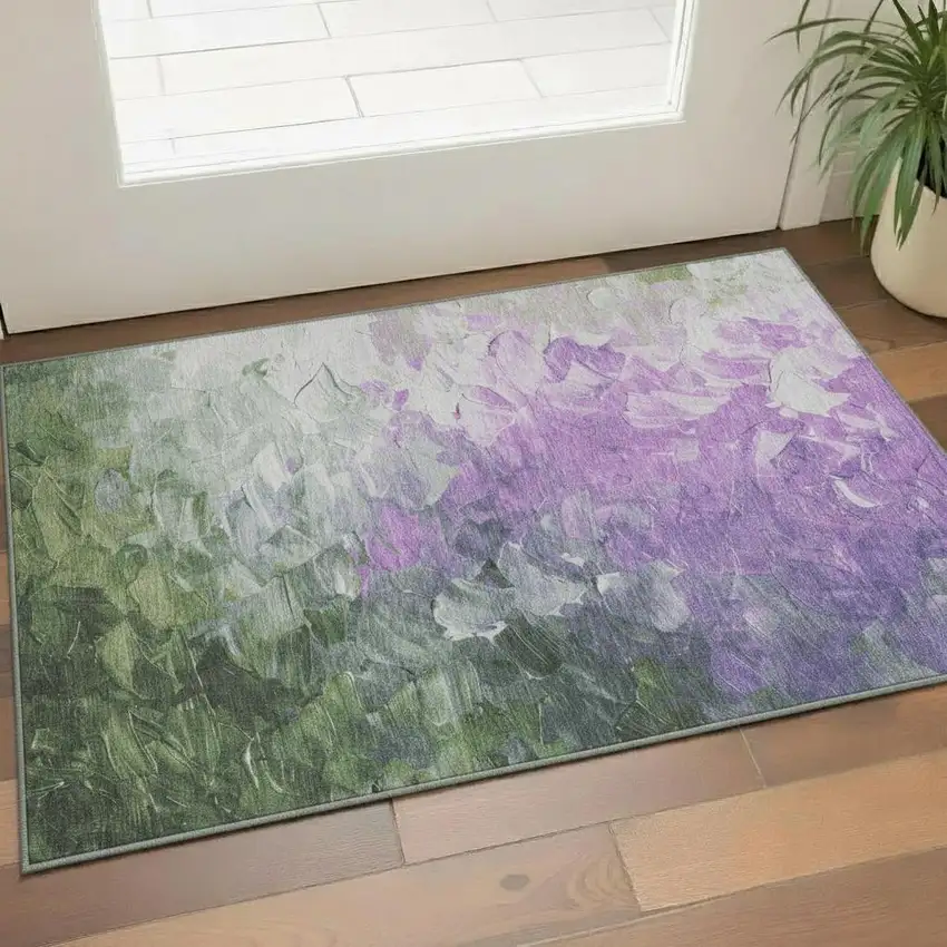 Purple Green And Ivory Abstract Washable Area Rug With UV Protection Photo 2