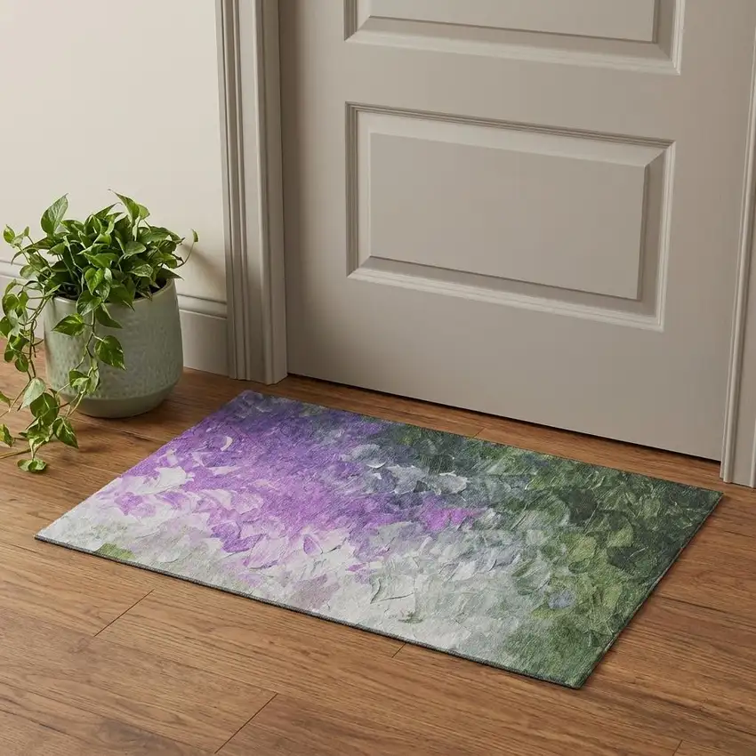 Purple Green And Ivory Abstract Washable Area Rug With UV Protection Photo 1