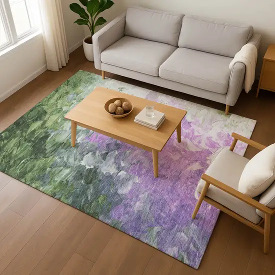Purple Green And Ivory Abstract Washable Area Rug With UV Protection Photo 5