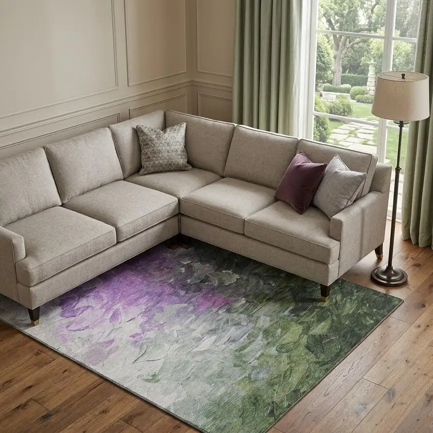 Purple Green And Ivory Abstract Washable Area Rug With UV Protection Photo 1
