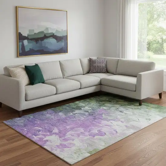 Purple Green And Ivory Abstract Washable Area Rug With UV Protection Photo 2