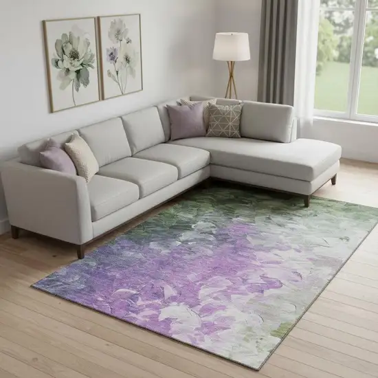 Purple Green And Ivory Abstract Washable Area Rug With UV Protection Photo 2