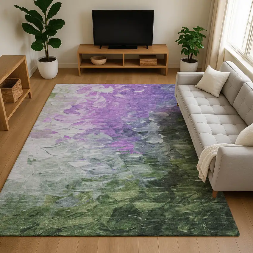 Purple Green And Ivory Abstract Washable Area Rug With UV Protection Photo 4