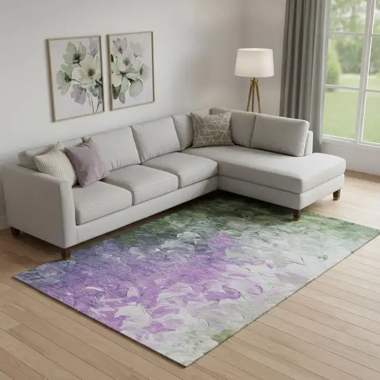 Purple Green And Ivory Abstract Washable Area Rug With UV Protection Photo 2