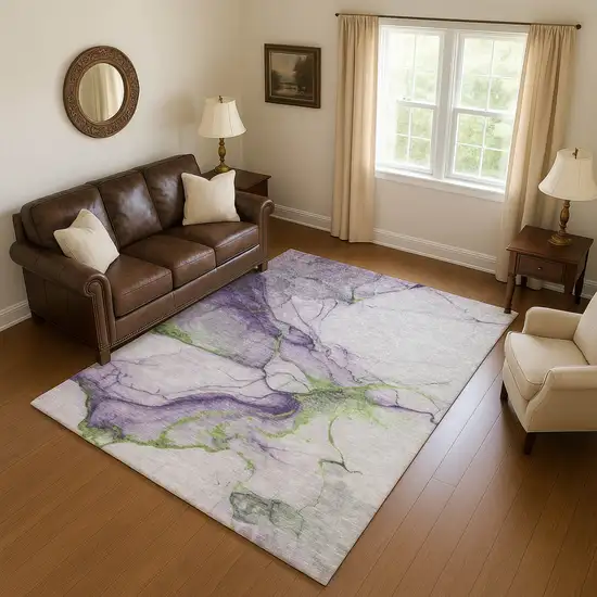 Purple Green And Ivory Abstract Washable Area Rug With UV Protection Photo 4