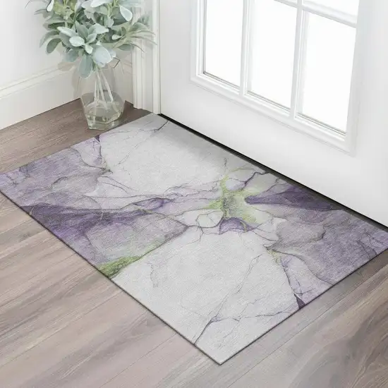 Purple Green And Ivory Abstract Washable Area Rug With UV Protection Photo 2