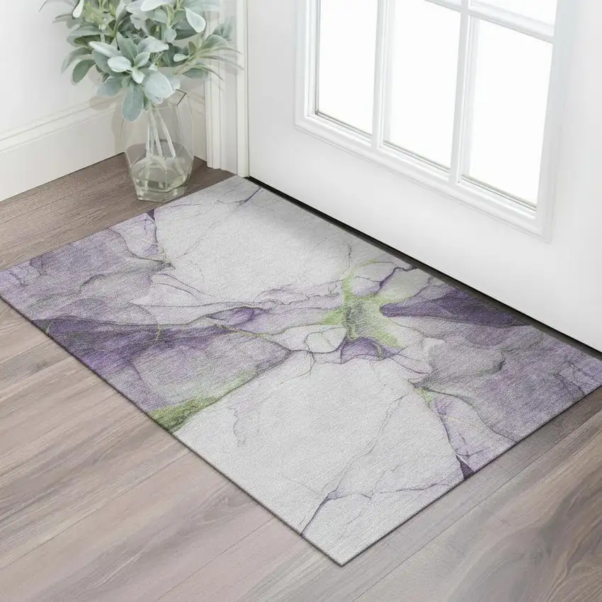 Purple Green And Ivory Abstract Washable Area Rug With UV Protection Photo 2