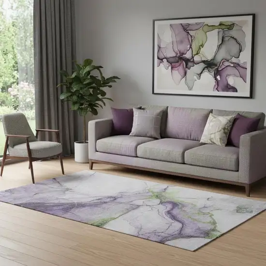 Purple Green And Ivory Abstract Washable Area Rug With UV Protection Photo 2
