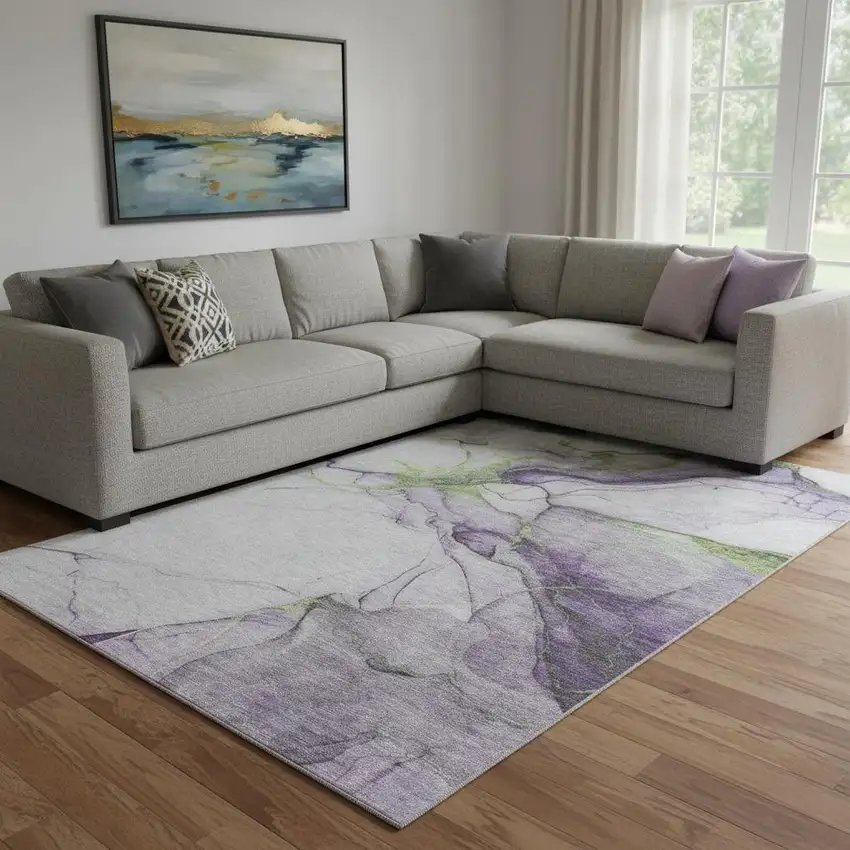 Purple Green And Ivory Abstract Washable Area Rug With UV Protection Photo 2