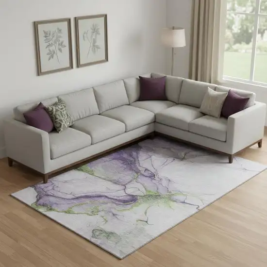 Purple Green And Ivory Abstract Washable Area Rug With UV Protection Photo 2