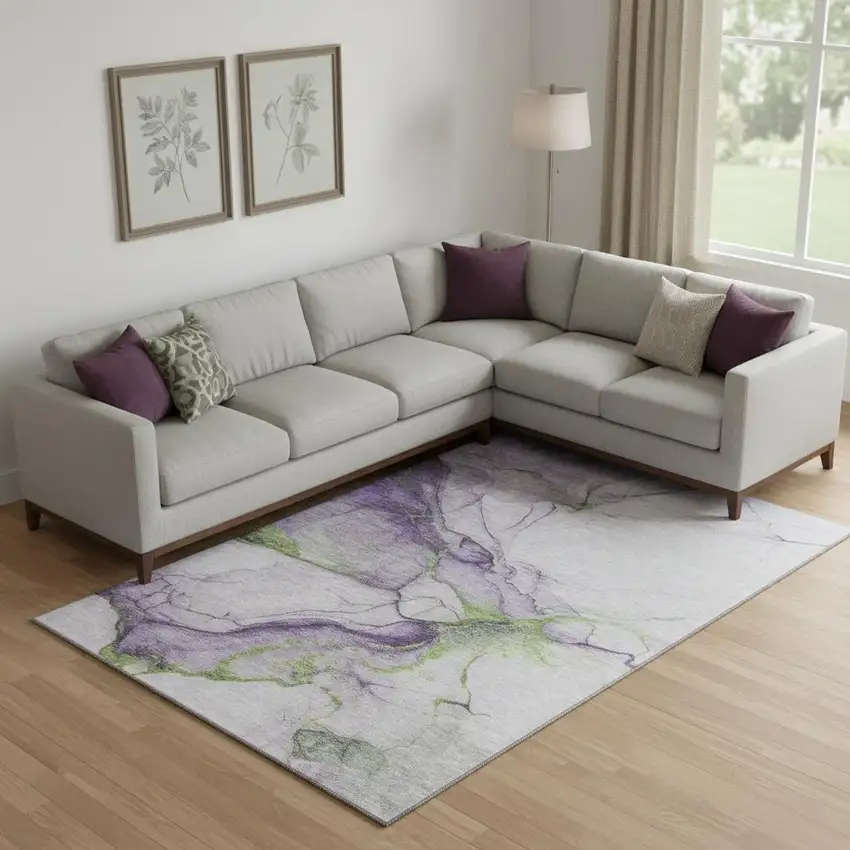 Purple Green And Ivory Abstract Washable Area Rug With UV Protection Photo 2