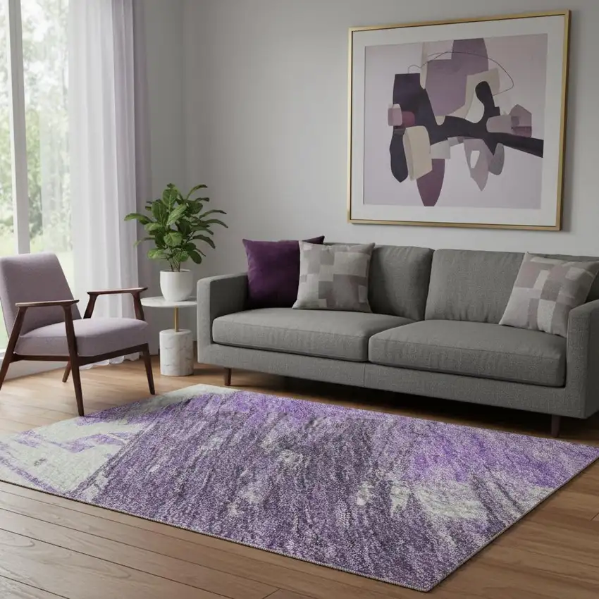 Purple Green And Ivory Abstract Washable Area Rug With UV Protection Photo 2