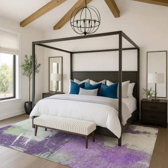 Purple Green And Ivory Abstract Washable Area Rug With UV Protection Photo 2