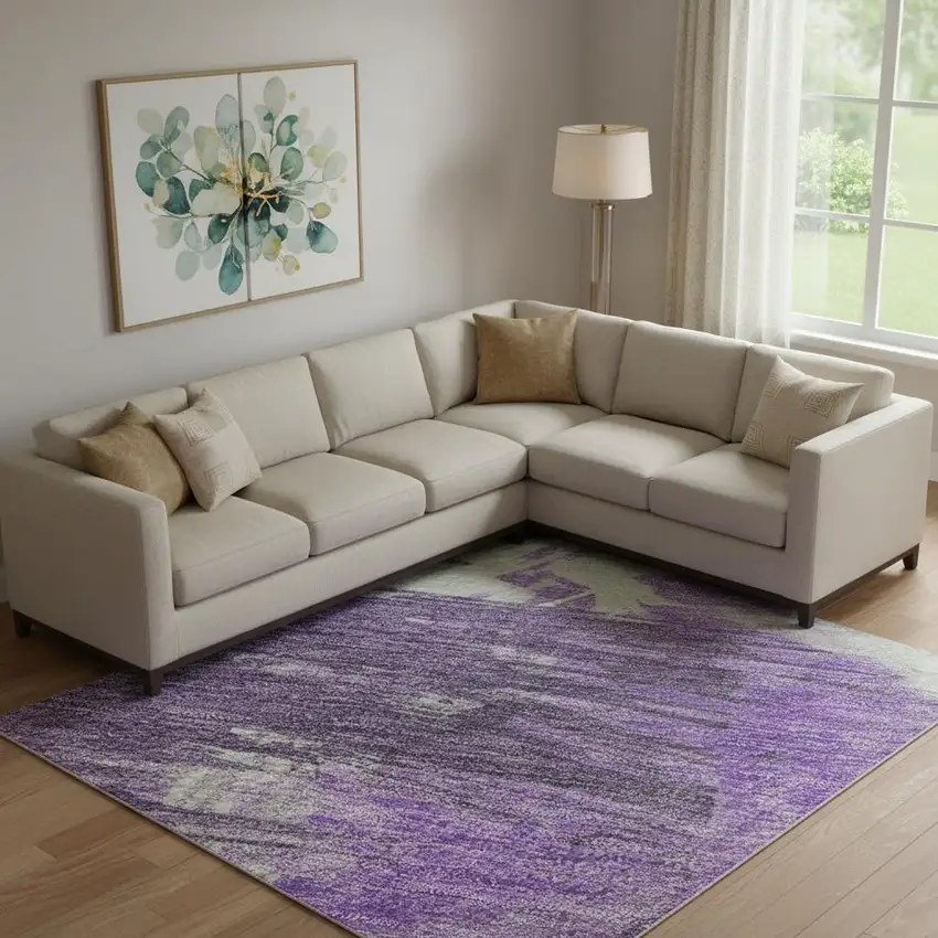 Purple Green And Ivory Abstract Washable Area Rug With UV Protection Photo 2
