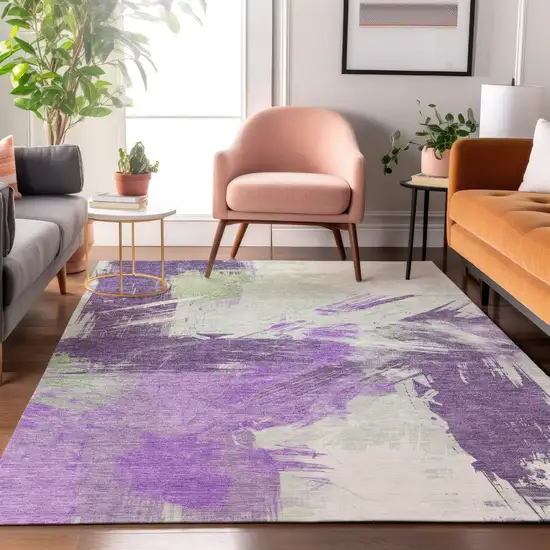 Purple Green And Ivory Abstract Washable Area Rug With UV Protection Photo 3