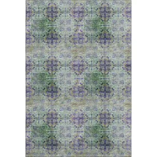 Purple Green And Ivory Floral Medallion Washable Area Rug With UV Protection Photo 1