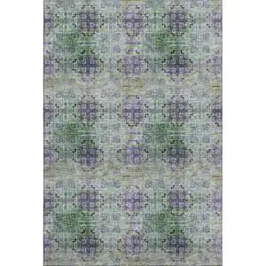 Photo of Purple Green And Ivory Floral Medallion Washable Area Rug With UV Protection