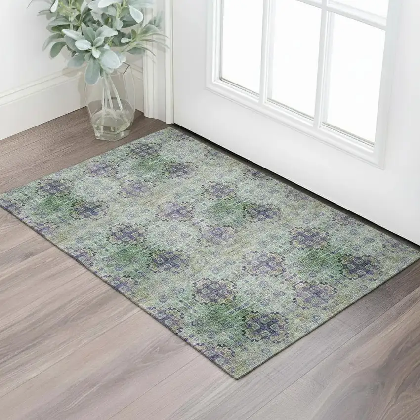 Purple Green And Ivory Floral Medallion Washable Area Rug With UV Protection Photo 1