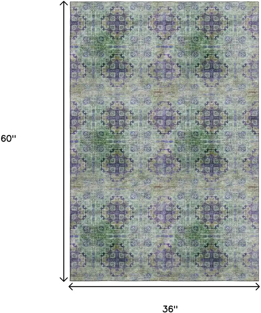 Purple Green And Ivory Floral Medallion Washable Area Rug With UV Protection Photo 3