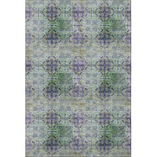 Purple Green And Ivory Floral Medallion Washable Area Rug With UV Protection Photo 3