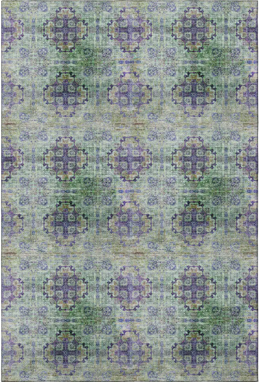 Purple Green And Ivory Floral Medallion Washable Area Rug With UV Protection Photo 3