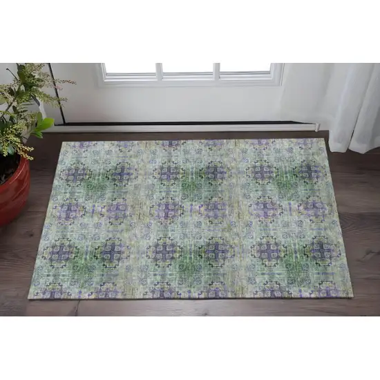 Purple Green And Ivory Floral Medallion Washable Area Rug With UV Protection Photo 2