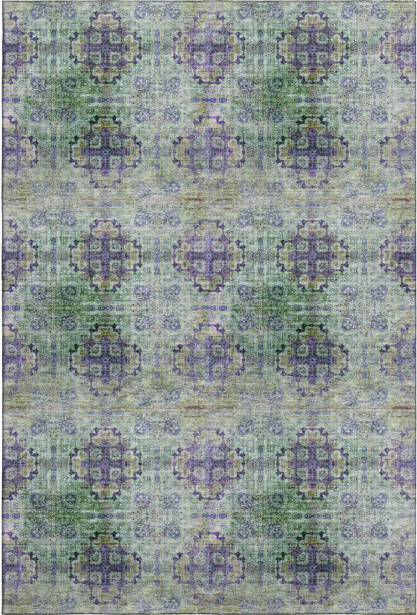 Purple Green And Ivory Floral Medallion Washable Area Rug With UV Protection Photo 1