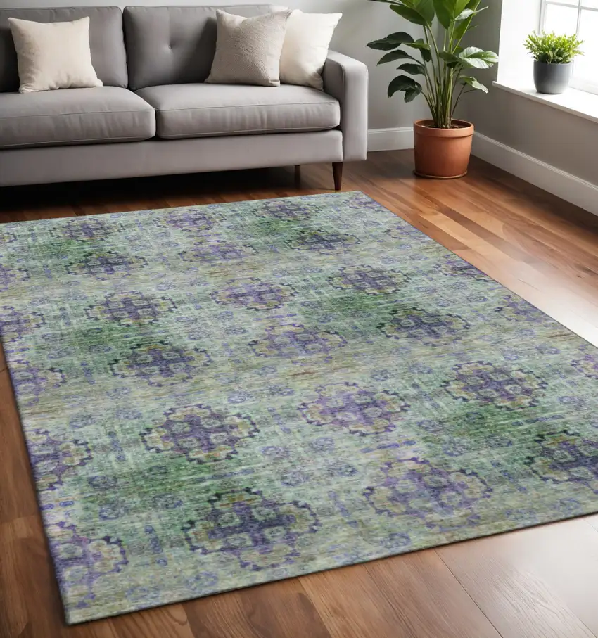 Purple Green And Ivory Floral Medallion Washable Area Rug With UV Protection Photo 2