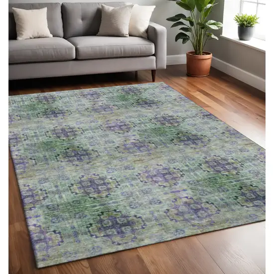 Purple Green And Ivory Floral Medallion Washable Area Rug With UV Protection Photo 2