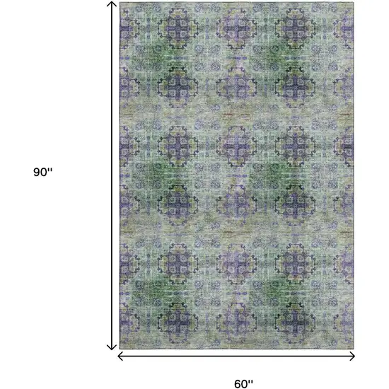 Purple Green And Ivory Floral Medallion Distressed Washable Area Rug With UV Protection Photo 9