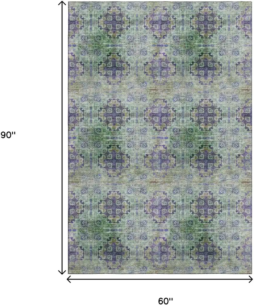 Purple Green And Ivory Floral Medallion Distressed Washable Area Rug With UV Protection Photo 9