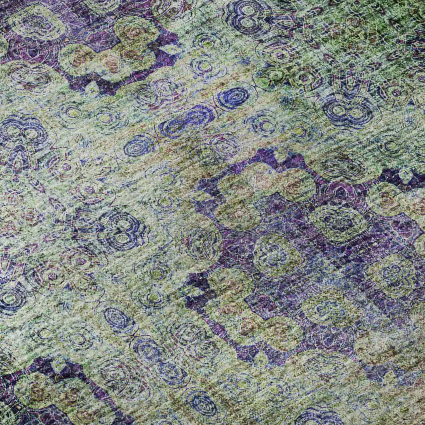 Purple Green And Ivory Floral Medallion Distressed Washable Area Rug With UV Protection Photo 8