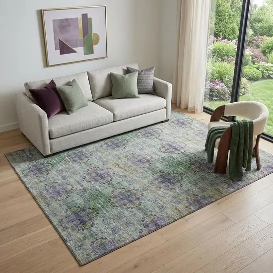 Purple Green And Ivory Floral Medallion Distressed Washable Area Rug With UV Protection Photo 1