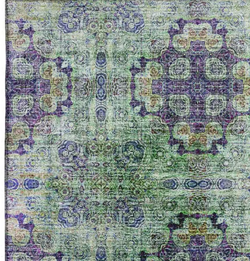 Purple Green And Ivory Floral Medallion Washable Area Rug With UV Protection Photo 4
