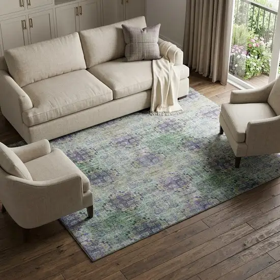 Purple Green And Ivory Floral Medallion Distressed Washable Area Rug With UV Protection Photo 1