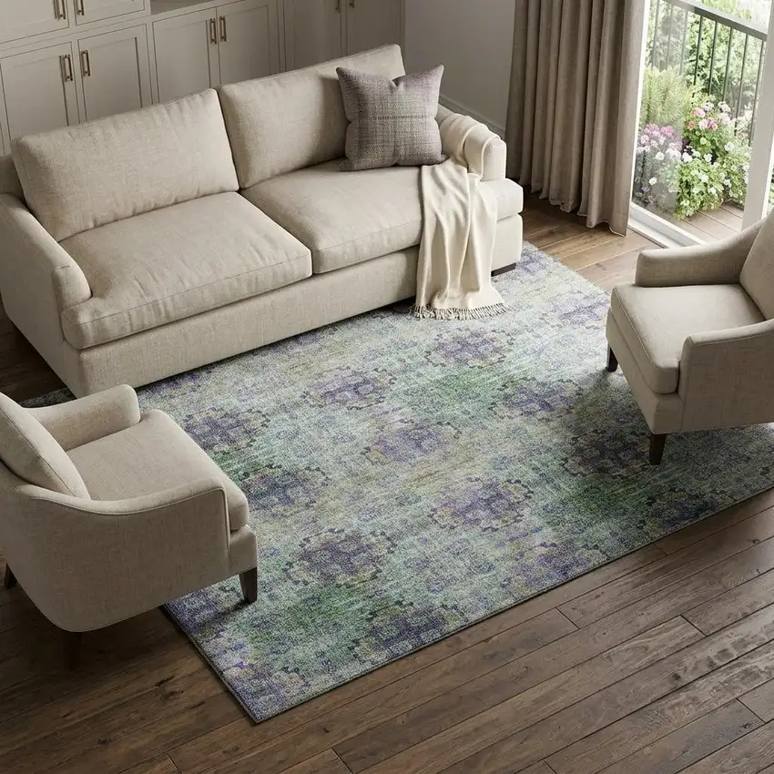 Purple Green And Ivory Floral Medallion Distressed Washable Area Rug With UV Protection Photo 1