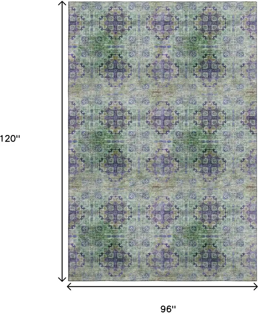 Purple Green And Ivory Floral Medallion Washable Area Rug With UV Protection Photo 3