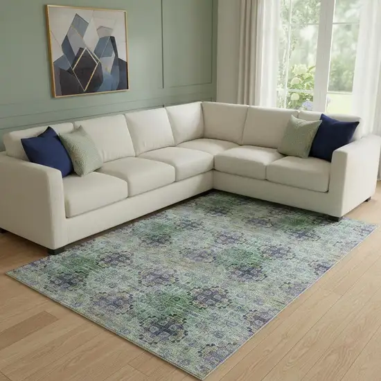 Purple Green And Ivory Floral Medallion Washable Area Rug With UV Protection Photo 1