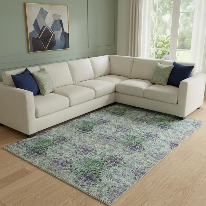 Purple Green And Ivory Floral Medallion Washable Area Rug With UV Protection Photo 1