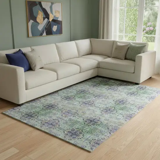 Purple Green And Ivory Floral Medallion Washable Area Rug With UV Protection Photo 1